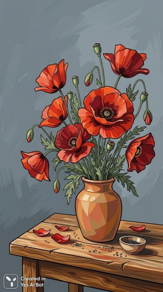 Яркие маки в керамической вазе: осенняя тишина и утончённая красота. Нейросеть Nano-Banana