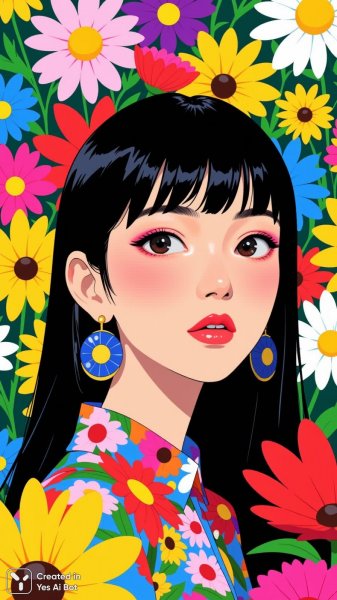 Яркий портрет в стиле поп-арт: девушка среди буйства красок и цветов. Нейронная сеть Flux 1