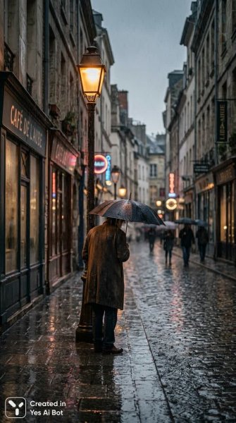 Одиночество под дождем: уличная сцена в меланхоличном стиле кино. Нейронная сеть Нано Банана