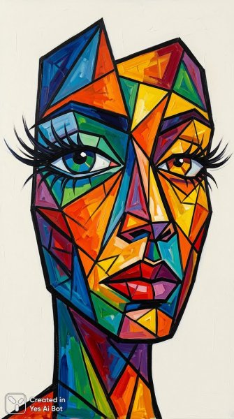 Геометрический портрет в стиле кубизма и минимализма с яркими красками и черными контурами. Нейронная сеть Nano-Banana