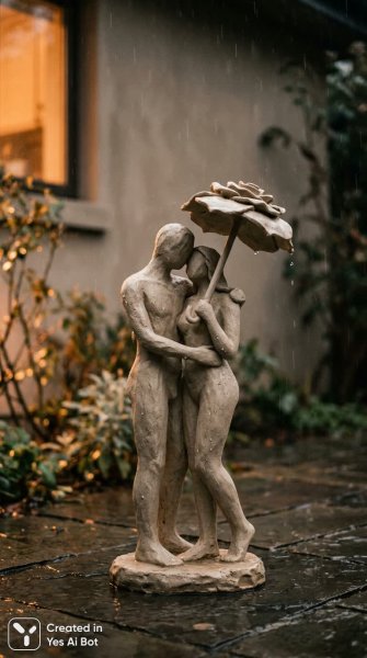 Скульптурная фигура под дождем и уютный минимализм. Нейросеть Нано Банана