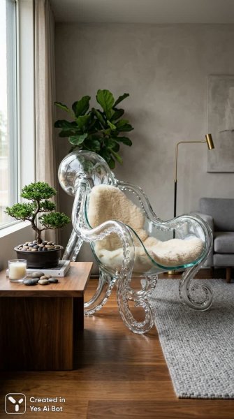 Стул-осьминог из стекла: объятия щупалец и современный минимализм. Генерация из нейросети Нано Банана