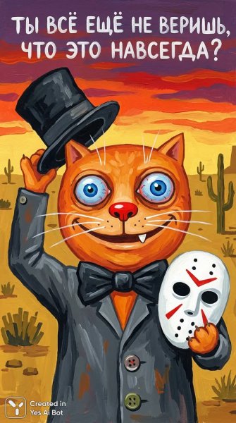 Кошачий маг в пустыне: сюрреалистичный портрет с маской и шляпой. Изображение из нейронной сети Nano-Banana