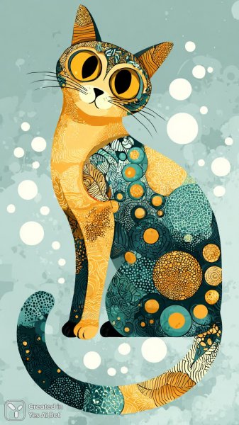 Игривый котенок с ярким узором и необычными пятнами на шерсти в мультяшном стиле. Изображение из нейросети Миджорни