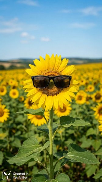 Солнцезащитные очки на подсолнухе: забавный и необычный летний снимок. Изображение из нейронной сети Nano-Banana