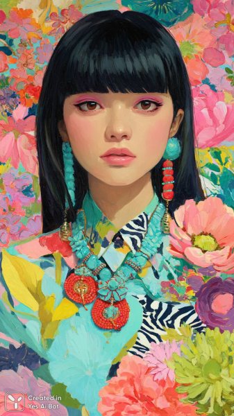 Яркий портрет девушки в стиле поп-арт с цветочными мотивами и ярким макияжем. Изображение из нейросети Миджорни