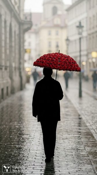 Осенний город и девушка с зонтом из роз. Генерация из нейронной сети NanoBanana