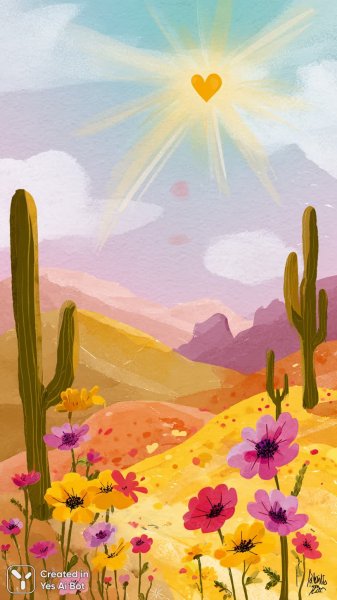 Радостный пейзаж пустыни с сердцем и ярким небом. Нейронная сеть Midjourney