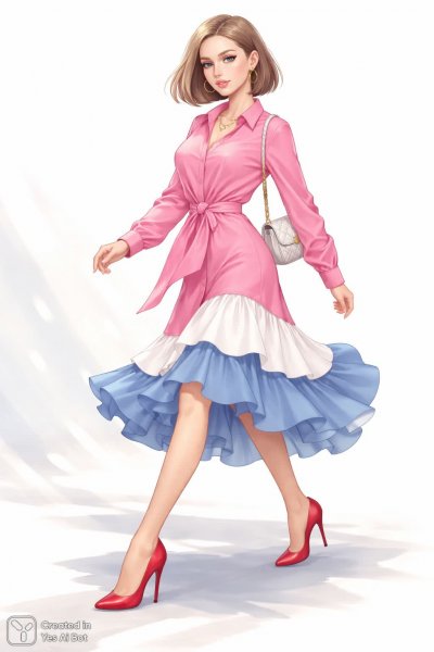 Элегантный городской образ в розовом и голубом цвете. Изображение из нейросети Sora Image