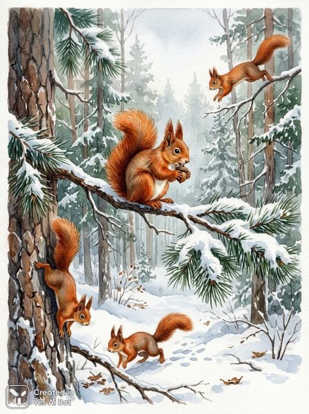Зимний лес: акварельный этюд с рыжими белками в движении и покое. Нейросеть Nano-Banana