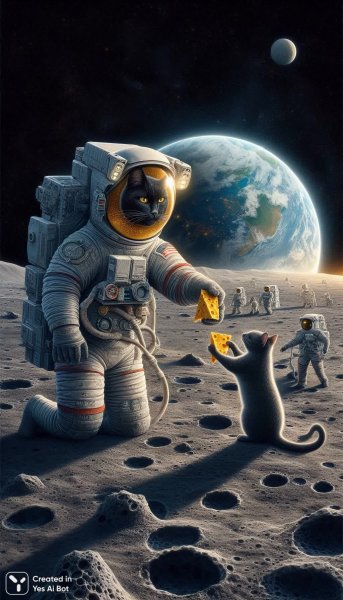 Космическая встреча кота и мыши на Луне с Землей на горизонте. Генерация из нейронной сети Dalle 3