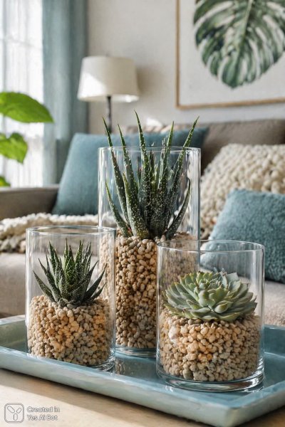 Минималистичная композиция с суккулентами и камнями в светлом интерьере. Нейронная сеть Sora