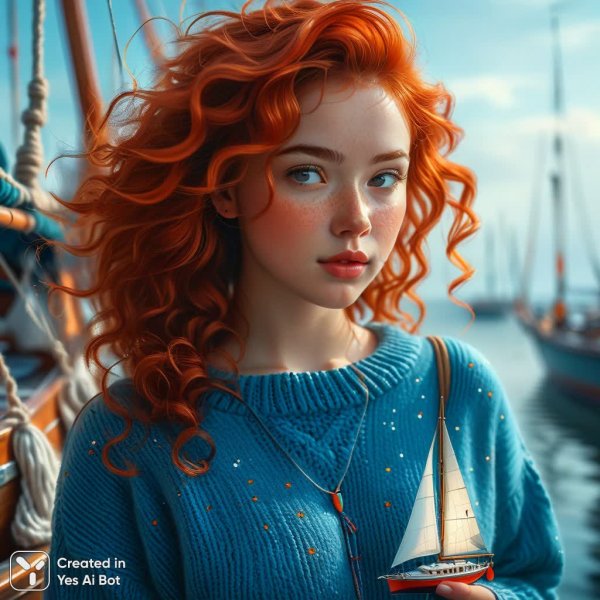 Девочка с алыми кудрями и моделью парусника в руках. Картинка из нейросети Stable Diffusion