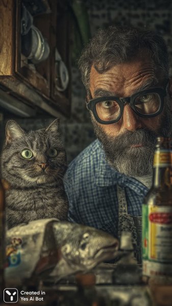 Кухня, рыба, пиво и кошачья дружба: зарисовка счастья. Изображение из нейросети Midjourney