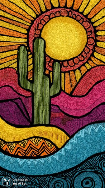 Яркий психоделический пейзаж с кактусом и мандалой. Изображение из нейросети Midjourney