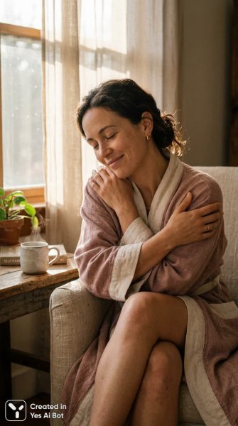 Нежность и самопринятие в утреннем свете: момент тихой гармонии и заботы о себе. Нейронная сеть Nano Banana