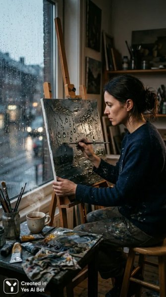 Художник и дождь: созерцание творчества в уютной студии. Нейронная сеть Nano Banana