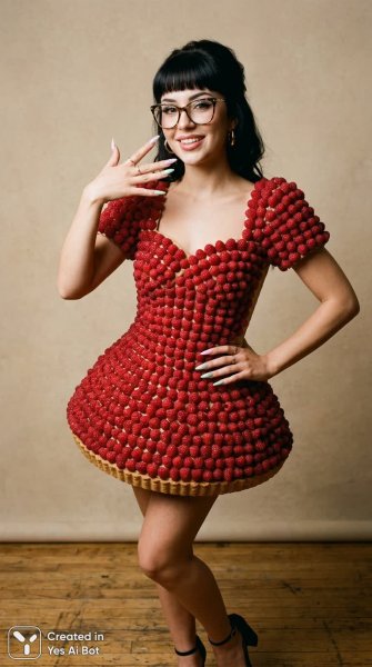 Подробнее о "Ягодный шик: образ с малиновым платьем и ярким макияжем в студии. Картинка из нейронной сети Nano Banana"