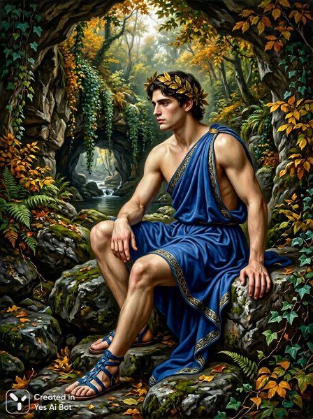 Молодой человек в лавровом венке: меланхолия и классическая красота природы. Картинка из нейросети NanoBanana