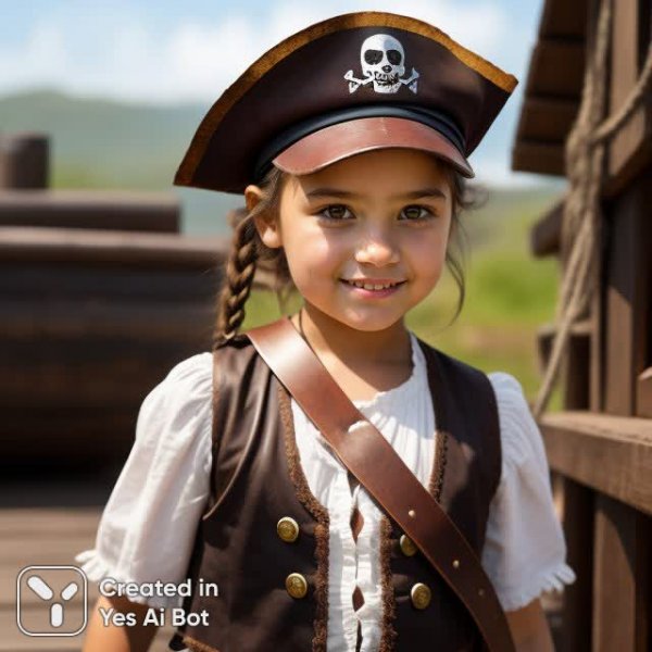 Маленькая пиратка с обезьянкой и йогуртом на палубе корабля. Генерация из нейросети Stable Diffusion