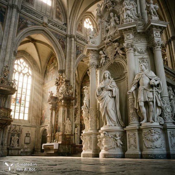 Величественный барокко: скульптуры и свет в соборе. Картинка из нейросети Nano-Banana
