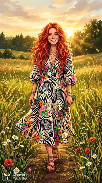 Яркая девушка в поле золотого света и необычном платье с ярким узором. Генерация из нейронной сети Нано Банана