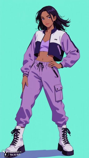 Стильная девушка в фиолетовом спортивном костюме и массивных ботинках. Нейронная сеть Flux.1