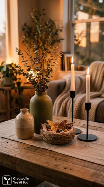Уютный интерьер: керамика, свечи и декор в теплых тонах. Картинка из нейросети NanoBanana