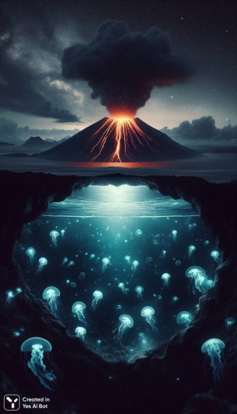 Вулкан и океан: двойное погружение в сюрреалистичные глубины. Изображение из нейронной сети Dalle-3