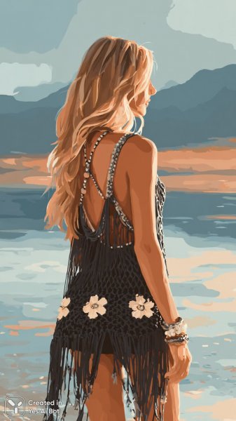 Закат на побережье: гламурная фотосессия с блондинкой в бикини и кружевном платье. Нейросеть Midjourney