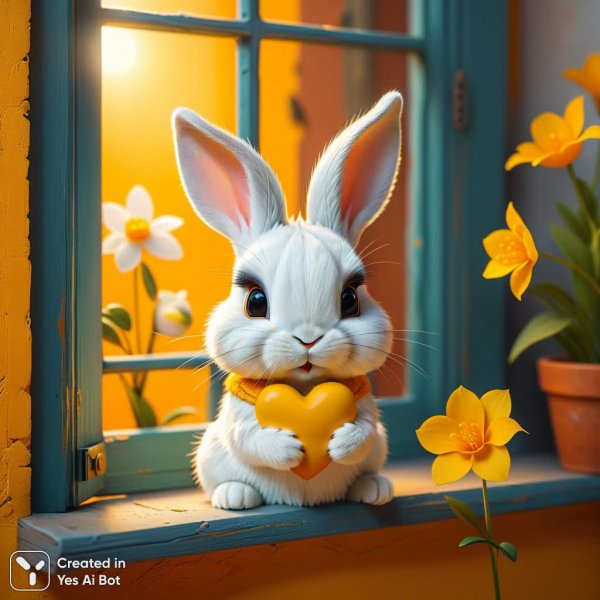 Кавайный кролик в сердечке: нежная 3D иллюстрация с жёлтым цветком. Генерация из нейронной сети Stable Diffusion