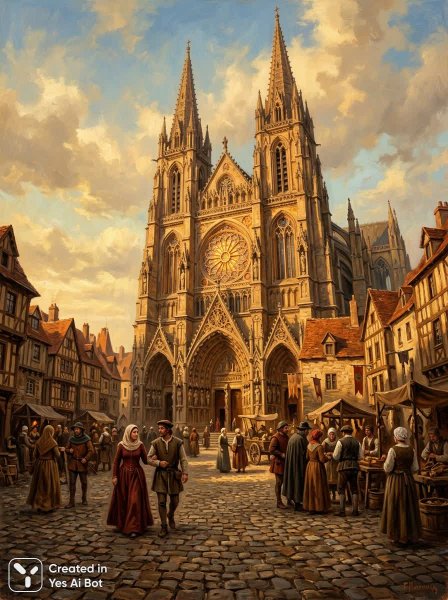 Величественный собор в лучах заката и оживленная историческая площадь. Картинка из нейросети Nano Banana
