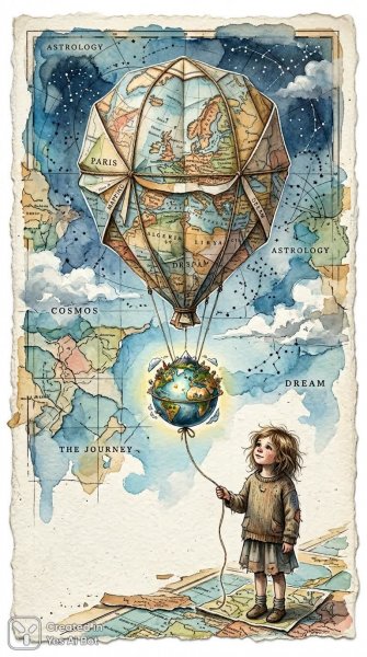 Небесный шар из карт: миниатюрная планета в сюрреалистичном пейзаже. Генерация из нейронной сети Нано Банана