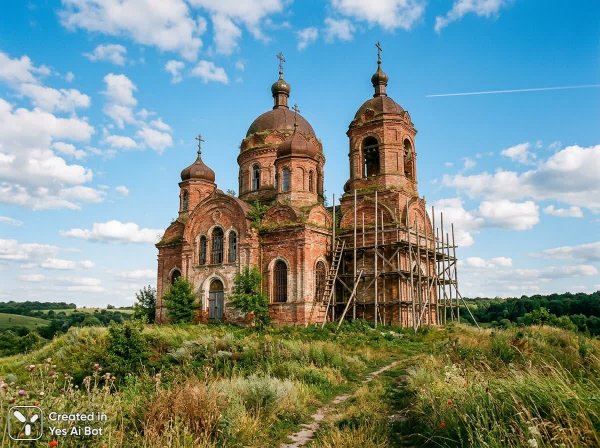 Заброшенная церковь: отголоски истории и надежды на возрождение под синим небом. Изображение из нейросети Nano-Banana