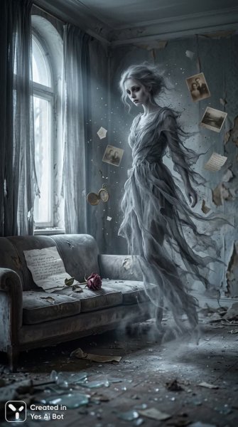 Призрак ушедшей любви в заброшенной комнате, полный тоски и воспоминаний. Изображение из нейросети Nano Banana