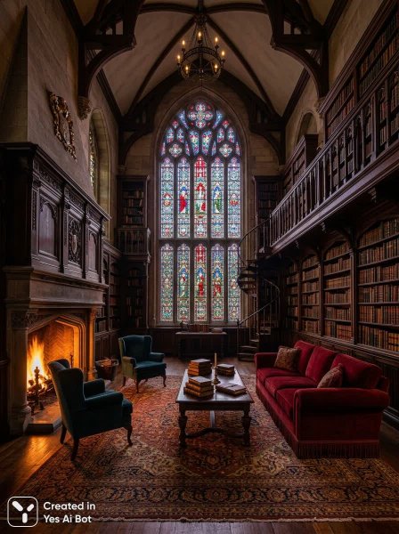 Роскошная библиотека в готическом стиле с витражным окном и камином. Генерация из нейросети Nano Banana