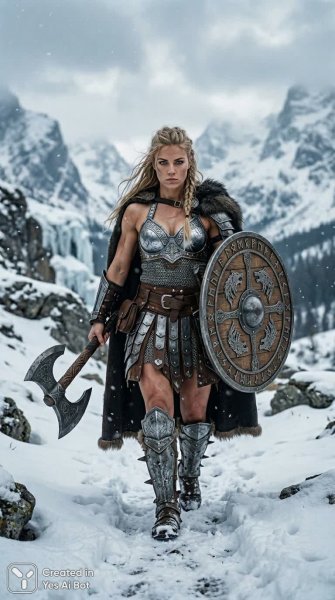 Воинственная девушка в серебряной броне на фоне заснеженных гор. Картинка из нейронной сети Nano Banana