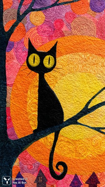 Загадочный кот на ветке: закат, совы и волшебная деревня. Нейронная сеть Миджорни