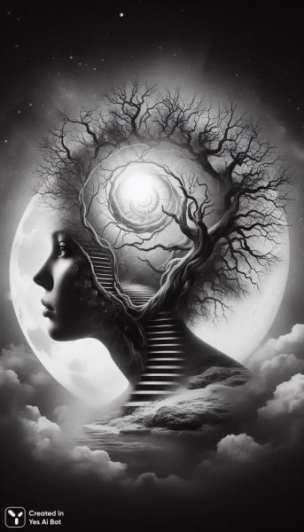 Женщина, дерево и лестница: сюрреалистичный портрет в черно-белом стиле. Нейросеть Dalle