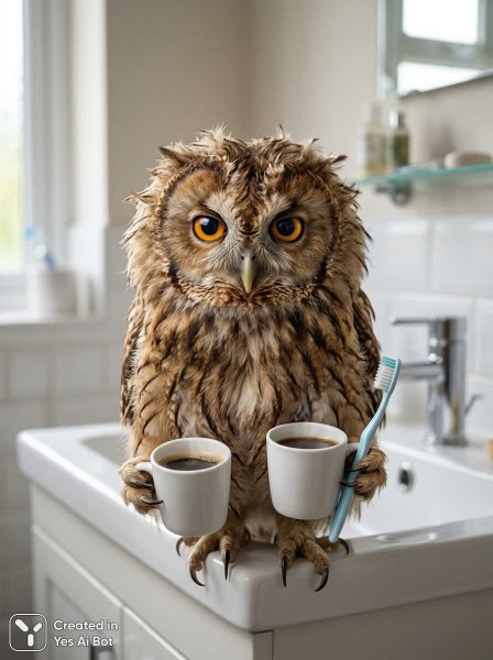 Сова с кофе и зубной щеткой: утренняя неразбериха в ванной комнате. Картинка из нейронной сети Nano-Banana
