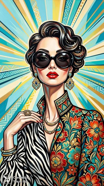 Яркий портрет женщины в стильных солнцезащитных очках и смелом наряде с экзотическими принтами. Изображение из нейросети Nano Banana