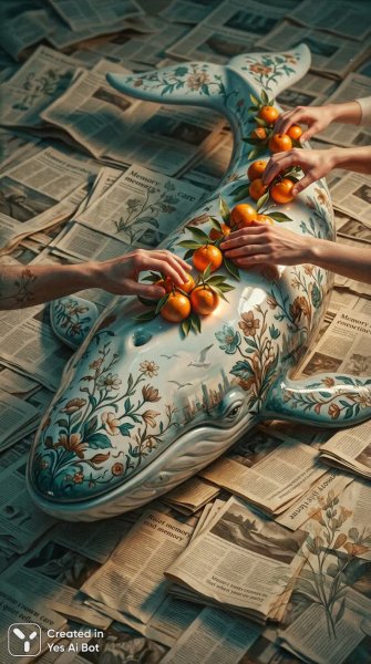 Невероятное сочетание: кит из фарфора и поле газетных страниц с цитрусовыми мотивами. Генерация из нейронной сети Nano-Banana