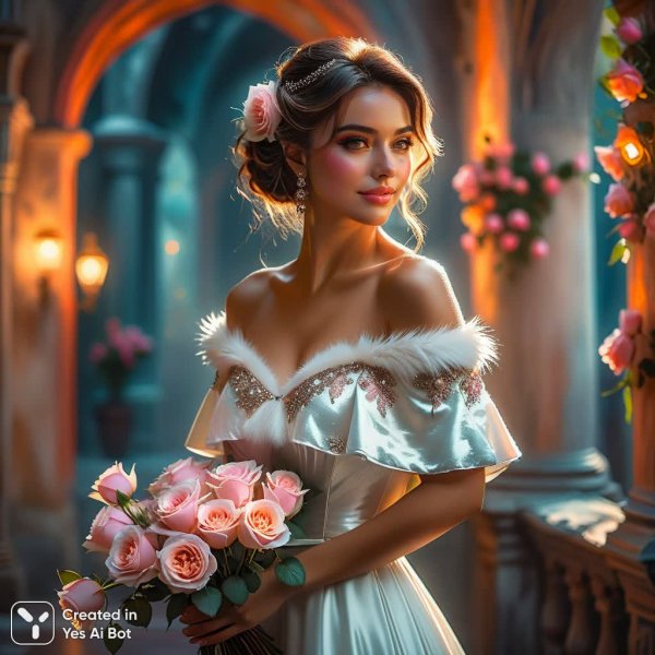 Изысканная дама в белом платье и розовых розах: акварельный этюд. Нейронная сеть Stable Diffusion