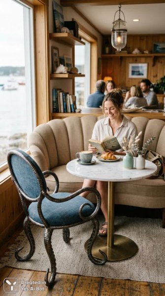 Уютное кафе у моря с осьминожьим креслом. Изображение из нейросети NanoBanana