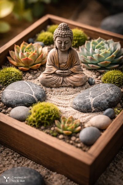 Миниатюрный сад с Буддой и суккулентами в стиле дзен. Генерация из нейронной сети Sora