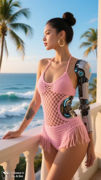 Безмятежность на балконе: розовый купальник и тропический закат. Картинка из нейронной сети Qwen