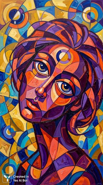 Геометрическая абстракция: взгляд сквозь пурпурный закат и кубистическую симфонию цветов. Генерация из нейронной сети Nano Banana