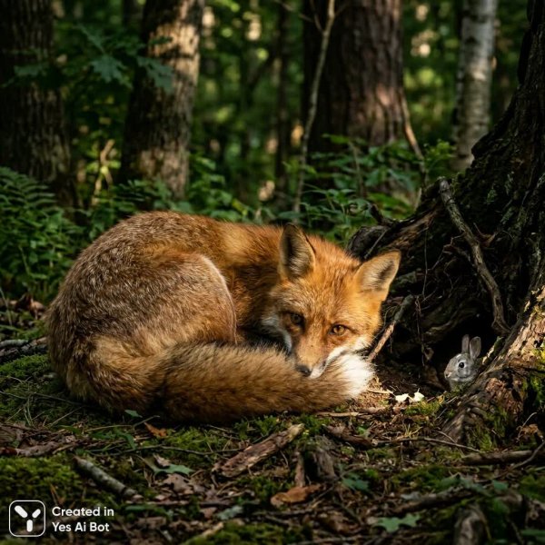 Лиса в засаде: ожидание добычи в лесной чаще. Генерация из нейронной сети Nano Banana