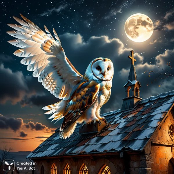 Совиное величие над старой часовней в ночной тишине. Нейросеть Stable Diffusion