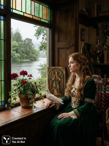 Спокойствие и красота: пейзаж у окна в стиле прерафаэлитов. Картинка из нейросети Nano-Banana